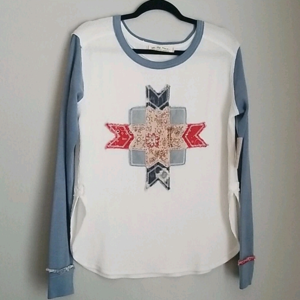We The Free Lone Star Thermal Knit Top Sz S Patchwork Colorblock Raw Seams Blue